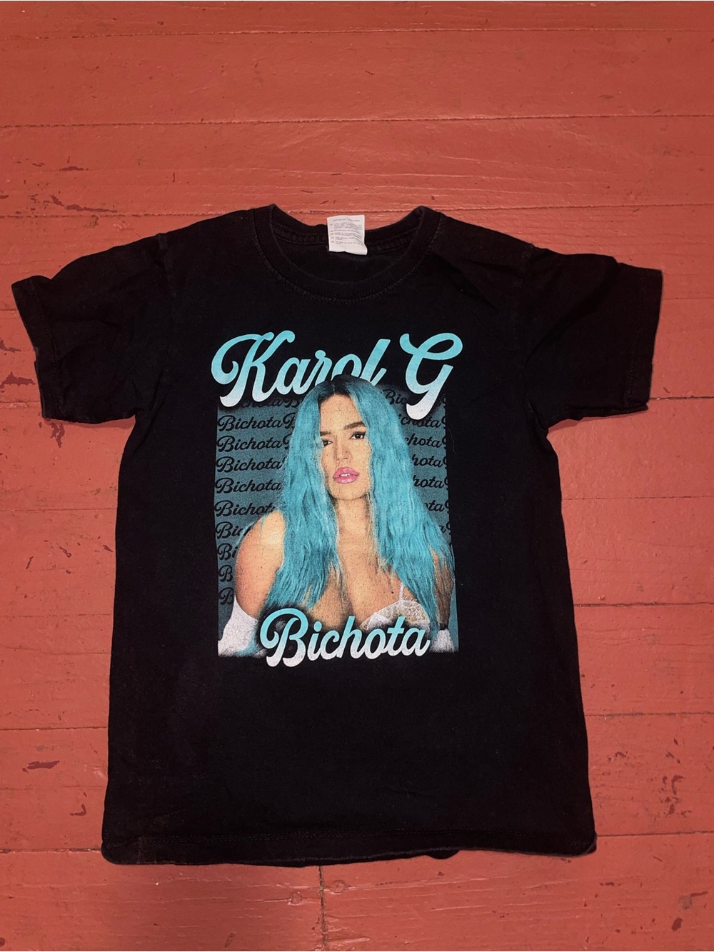 Karol G Black Graphic Tee with Turquoise Blue Hair Print - Women's Hair